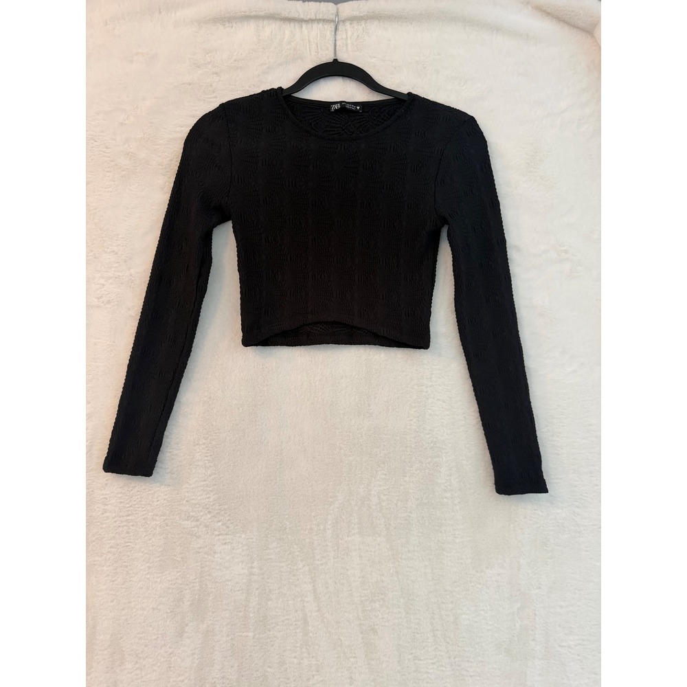 Zara Black Textured Long Sleeve Crop Top Crew Neck Jacquard Pattern Small